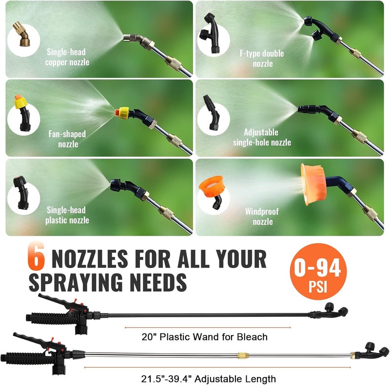 VEVOR 4 Gallon Battery Powered Backpack Sprayer with Wheeled Cart, Adjustable 0-94 PSI, 13FT Hose, 6 Nozzles, 2 Wands Included, Wide Mouth Lid for Weeding, Cleaning, Long Spray Time, White+Orange - Image 4